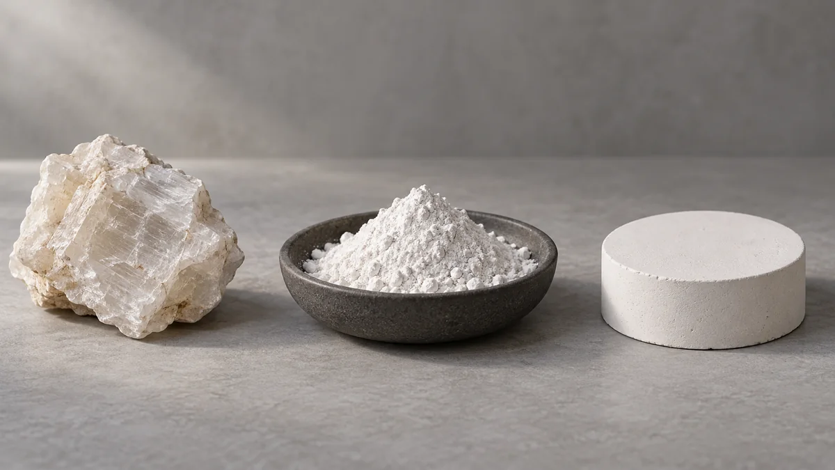تصور لصخر جبس فاتح ومسحوق أبيض وقرص جبسي متصلب