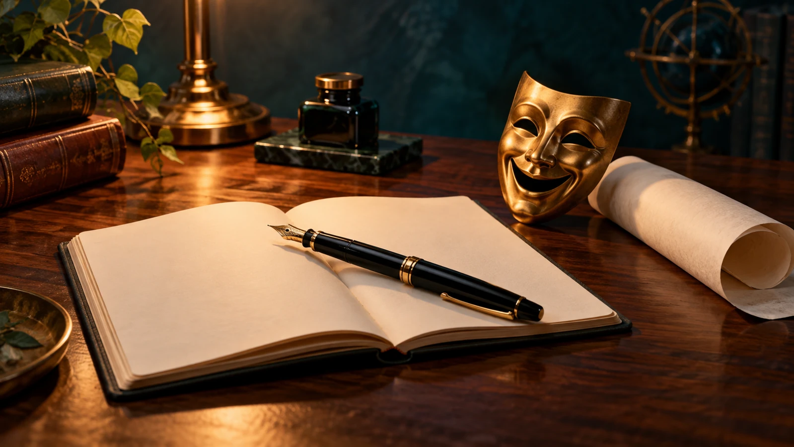 دفتر وقلم وقناع مسرحي مبتسم على مكتب