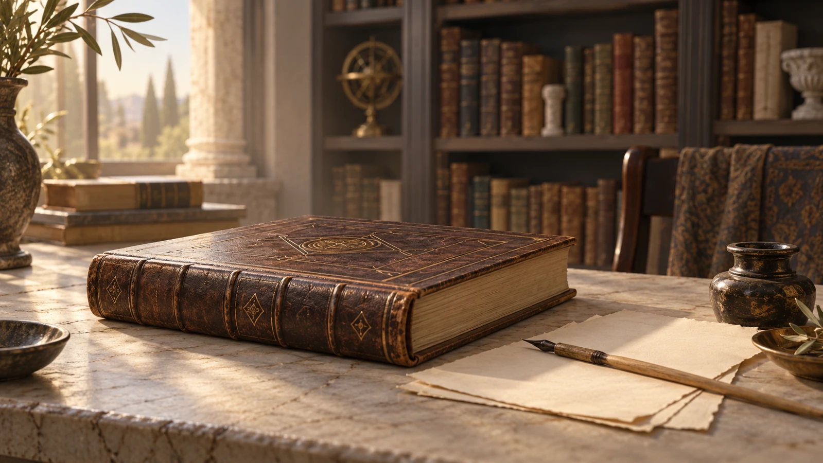 كتاب جلدي وأوراق وقلم قصبي على طاولة قراءة
