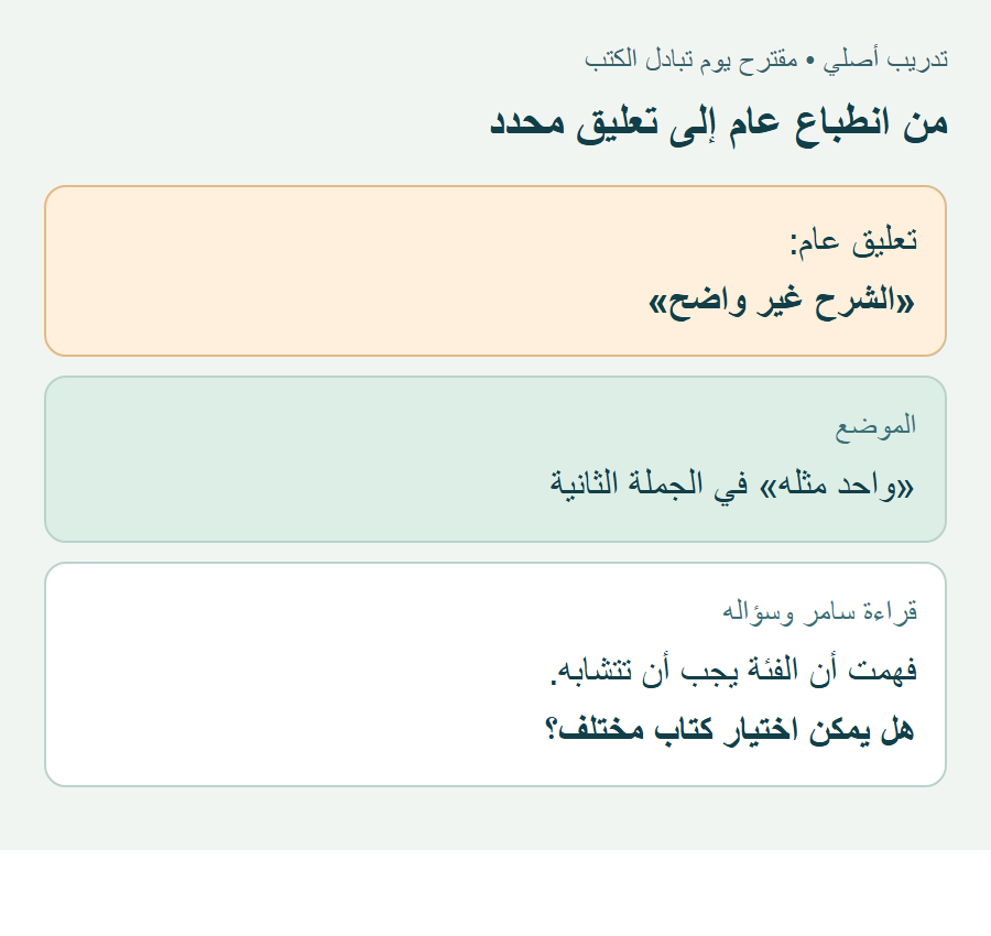 تعليق محدد في المثال: عبارة واحد مثله، وفهم القارئ لها، ثم سؤال عن اختيار كتاب مختلف.