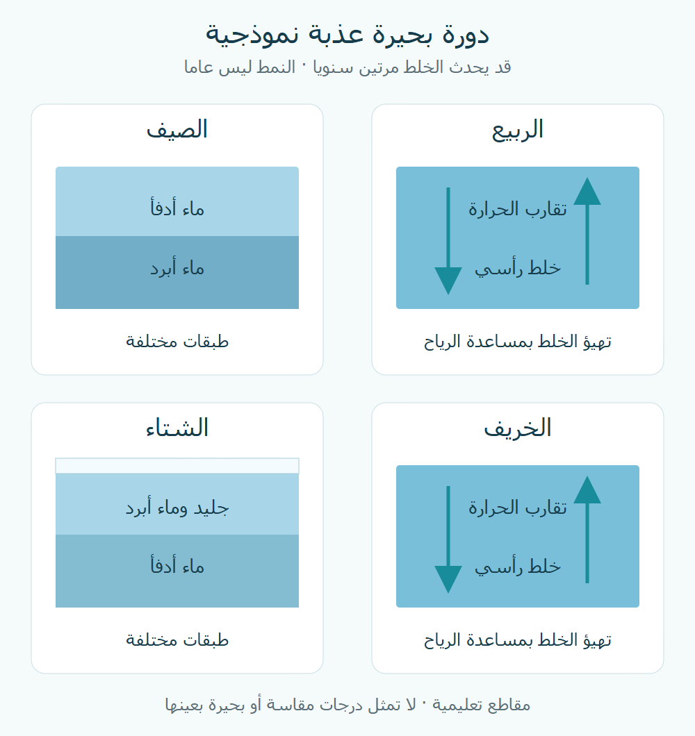 أربع لوحات تبين التطبق الصيفي والجليد الشتوي والخلط الرأسي خلال مرحلتي الربيع والخريف في نموذج بحيرة.