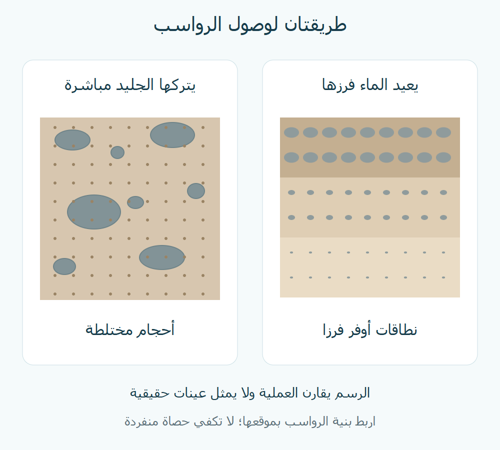 مقارنة تخطيطية بين رواسب مباشرة من الجليد ذات أحجام مختلطة ورواسب ماء ذوبان مفروزة في نطاقات.
