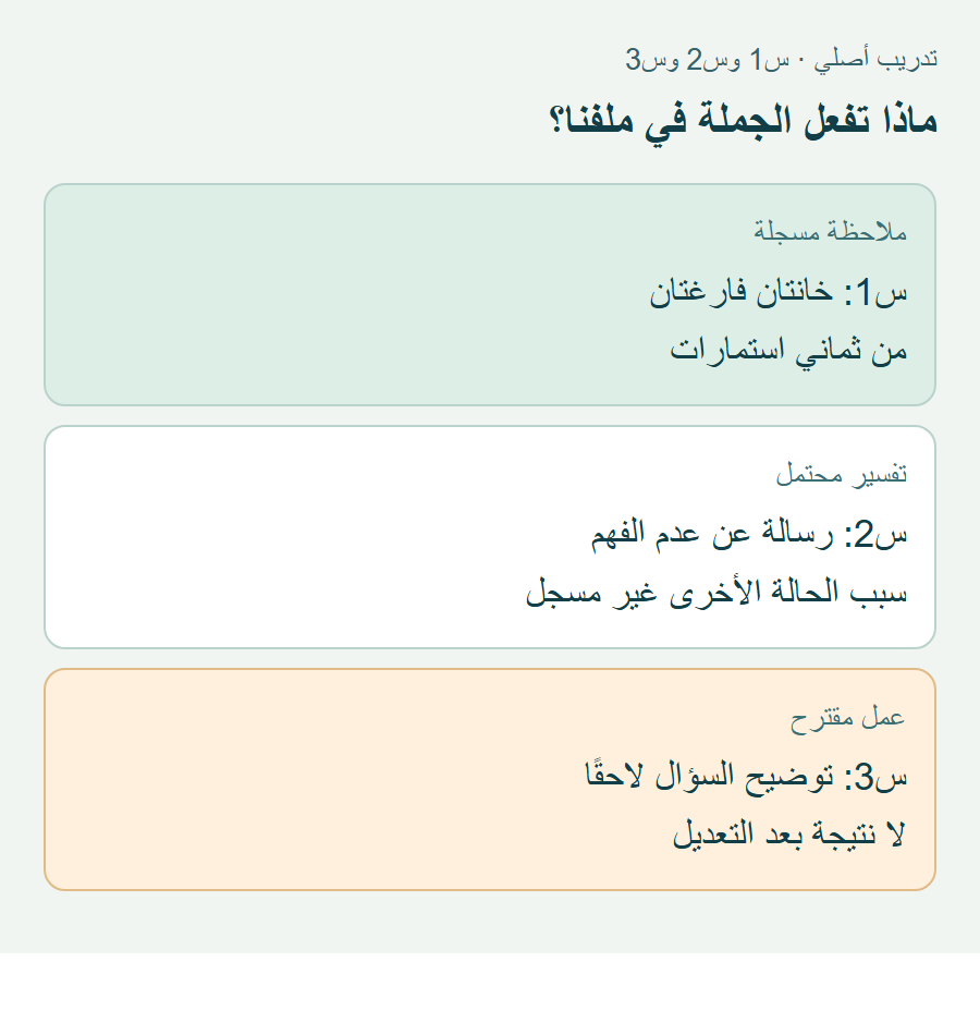 ثلاثة مستويات في ملف الاستمارات المؤلف: خانتان فارغتان مسجلتان، وسبب محتمل، وتعديل مقترح لم ينفذ.