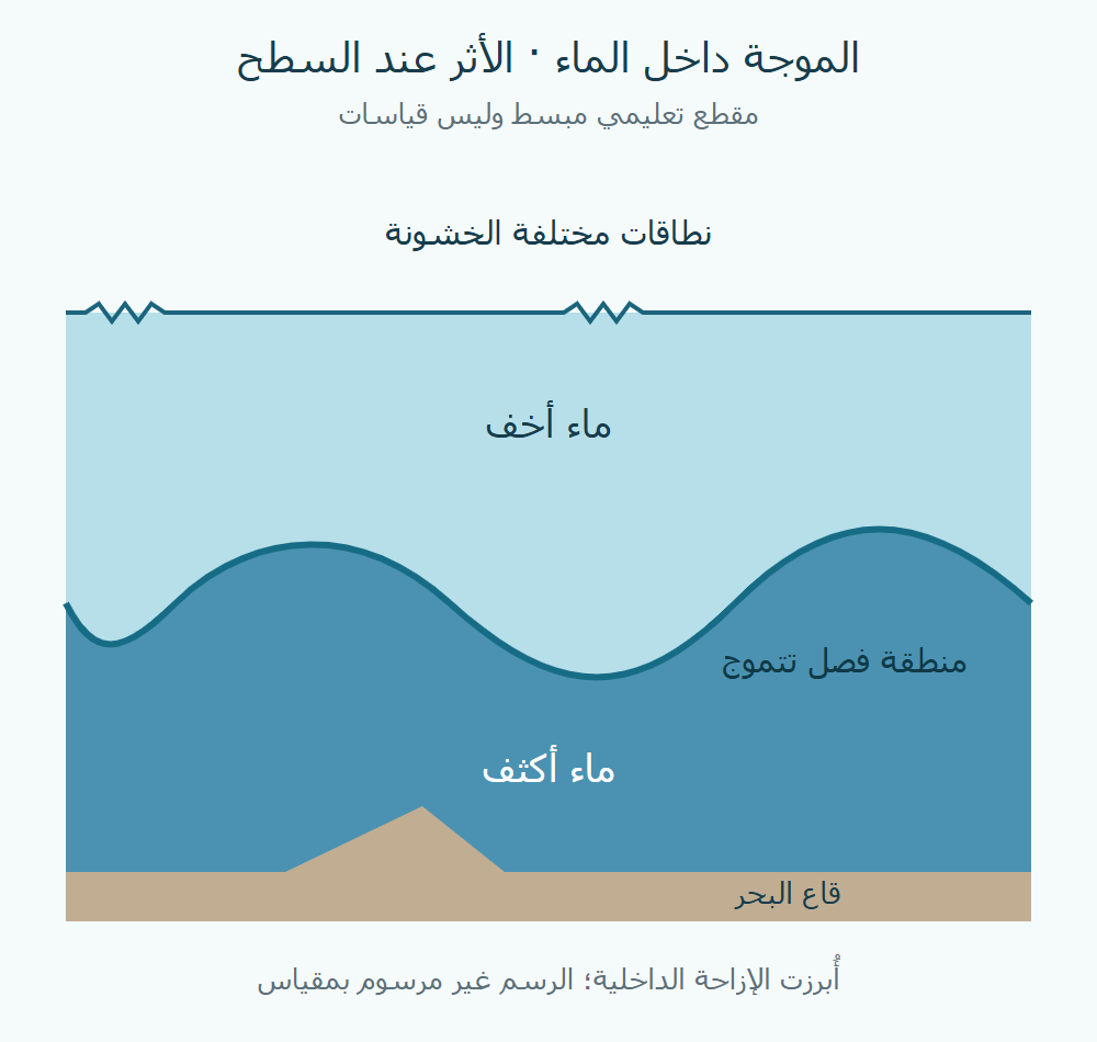 مقطع أصلي بماء أخف فوق ماء أكثف ومنطقة فصل متموجة؛ يميز أثر الخشونة السطحية عن موضع الموجة داخل الماء.