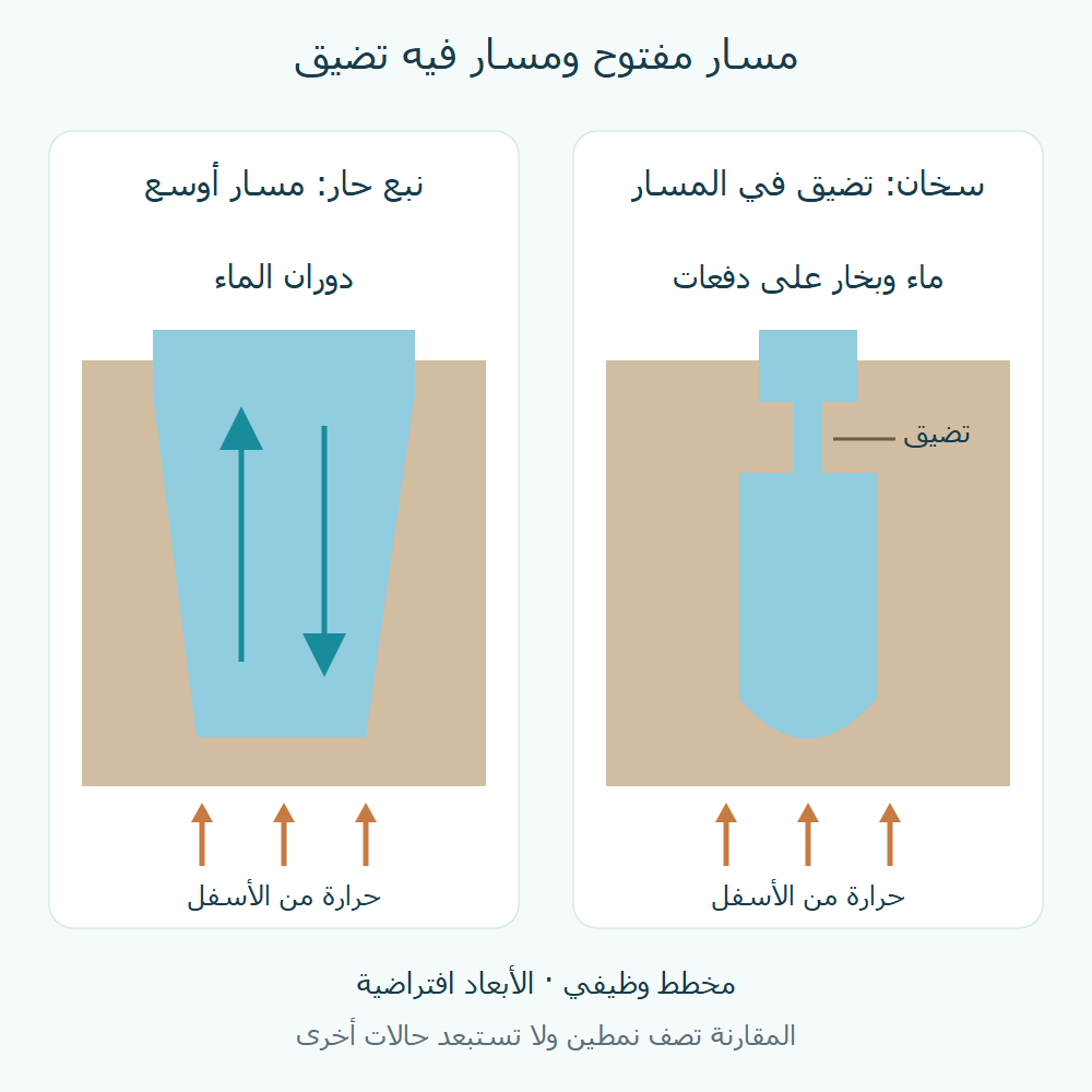 مقارنة تخطيطية لمسار واسع يسمح بدوران ماء نبع حار ومسار سخان ذي تضيق فوق مخزون ماء ساخن.