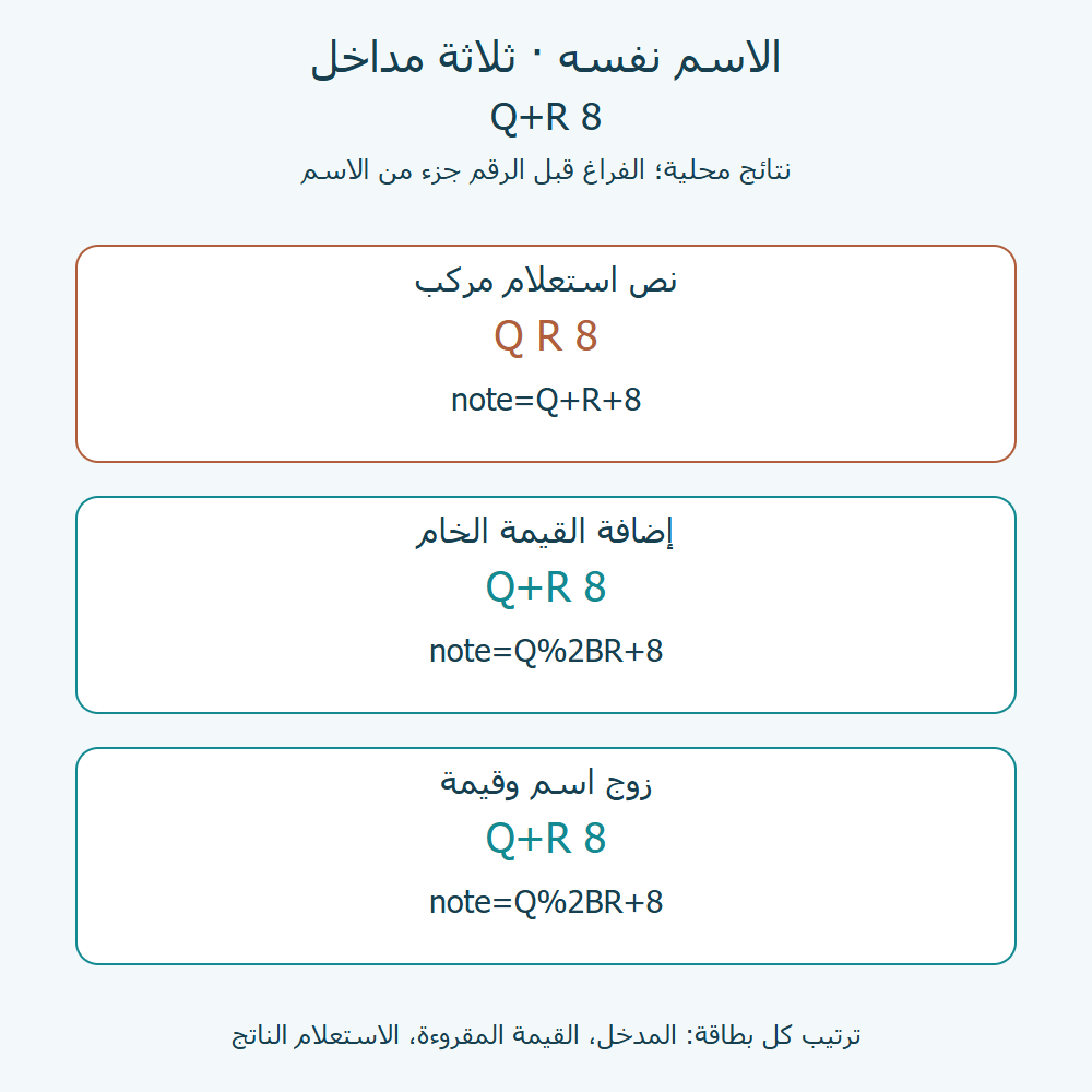 ثلاثة مسارات اختبرناها للاسم Q+R 8؛ مدخل النص وحده أعاد Q R 8.