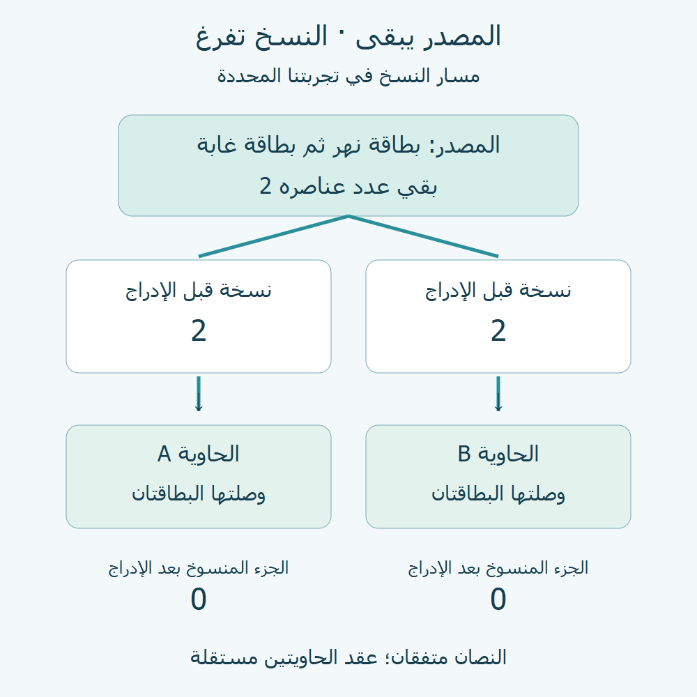 مسار النسخ المنفذ: مصدر ببطاقتين، ونسختان انتهت كل منهما فارغة بعد إيصال بطاقتيها إلى حاويتها.