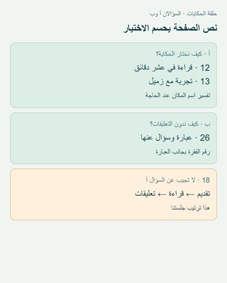 السؤال الأول يقابل صفحتي 12 و13، والثاني يقابل 26؛ صفحة 18 معروضة كاختيار مرفوض للسؤال الأول.
