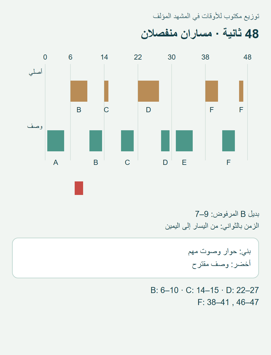 مسار للأصوات الأصلية وخانات ست للوصف؛ البديل من7إلى9 يتداخل مع حوارB، بينما الخانات المختارة لا تتداخل معه.