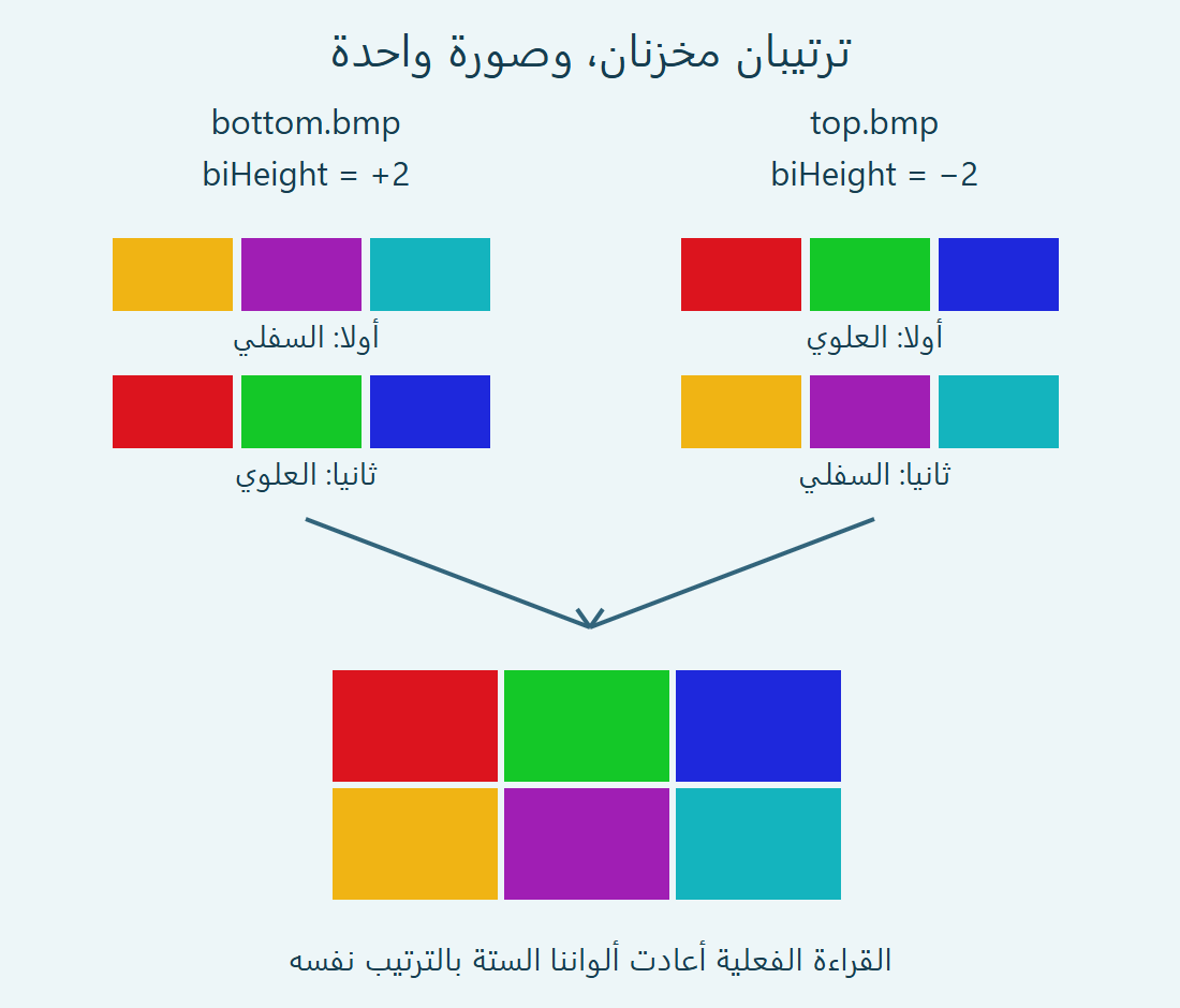 ملفان بارتفاعين +2 و−2 وترتيبين متعاكسين للصفوف؛ كلاهما يعيد شبكة الألوان نفسها.