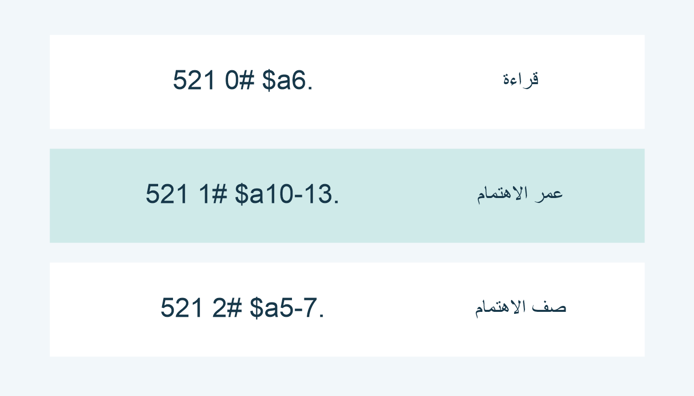 ثلاث قيم مفترضة: قراءة 6، وعمر 10–13، وصفوف اهتمام 5–7.