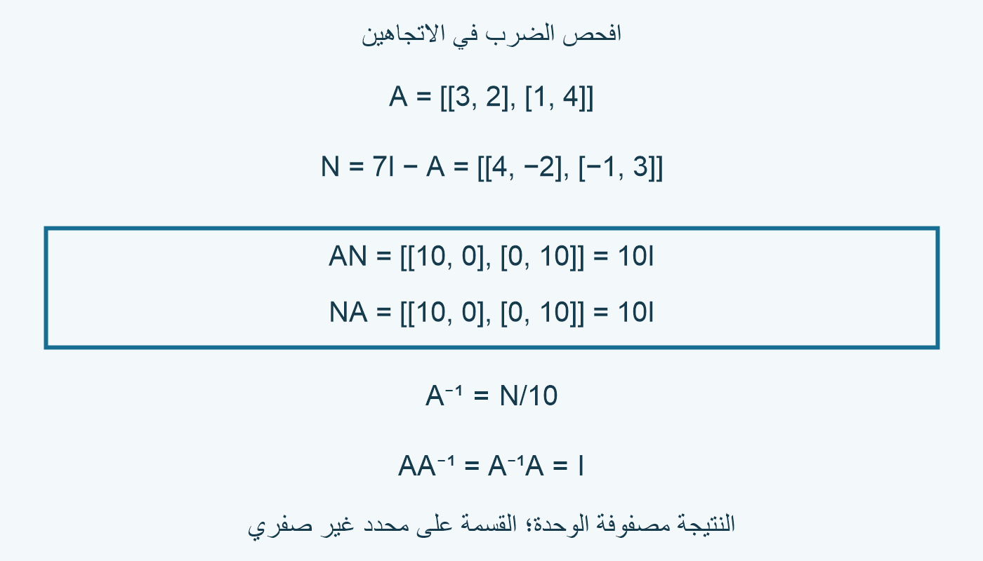 بسط المعكوسN=[[4,-2],[-1,3]]، وضربAN وNA يعطي10I.