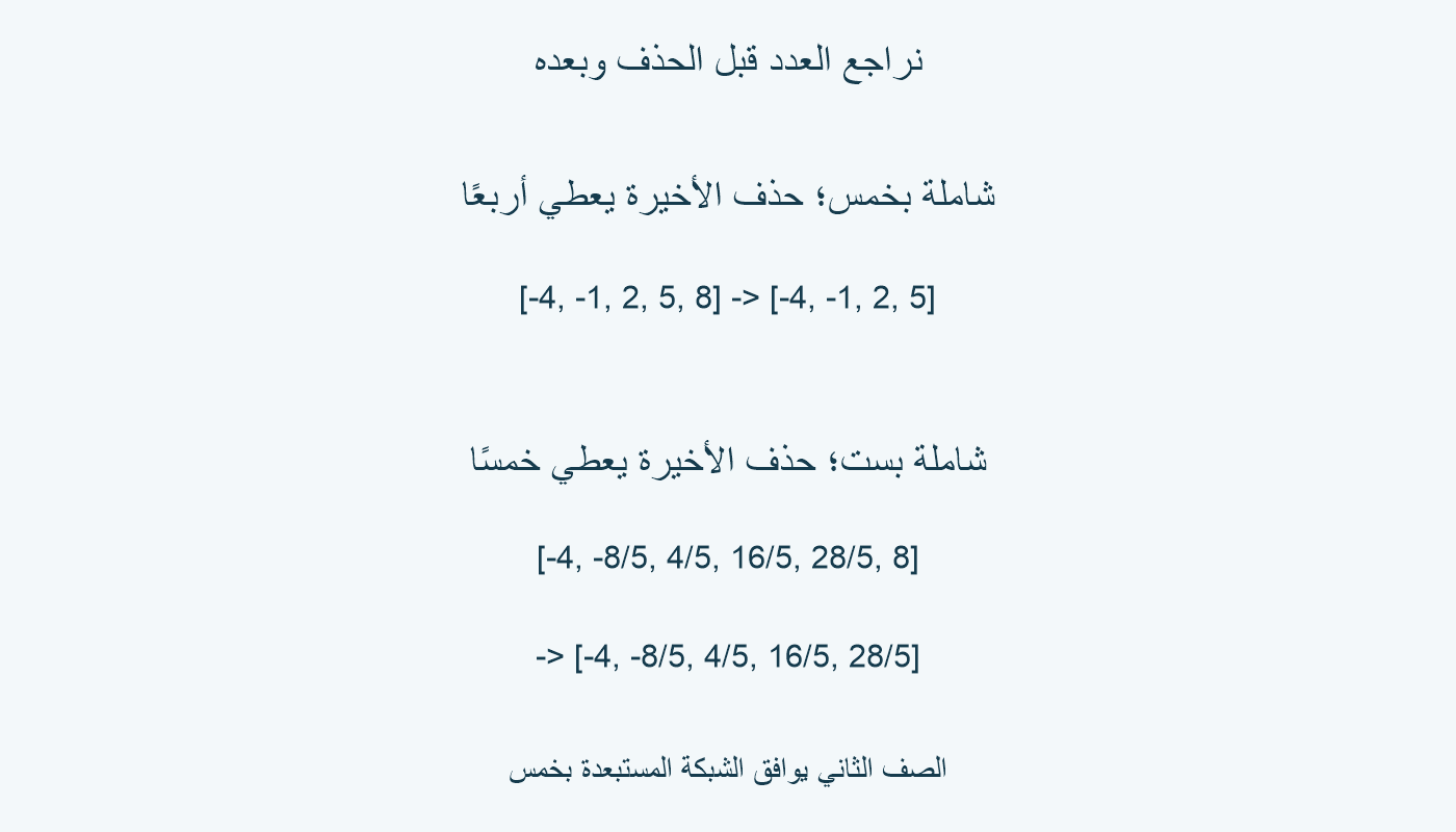 حذف الأخيرة من شاملة بخمس يعطي أربعًا؛ شاملة بست ثم حذف يعطي خمسًا توافق الشبكة المستبعدة للنهاية.