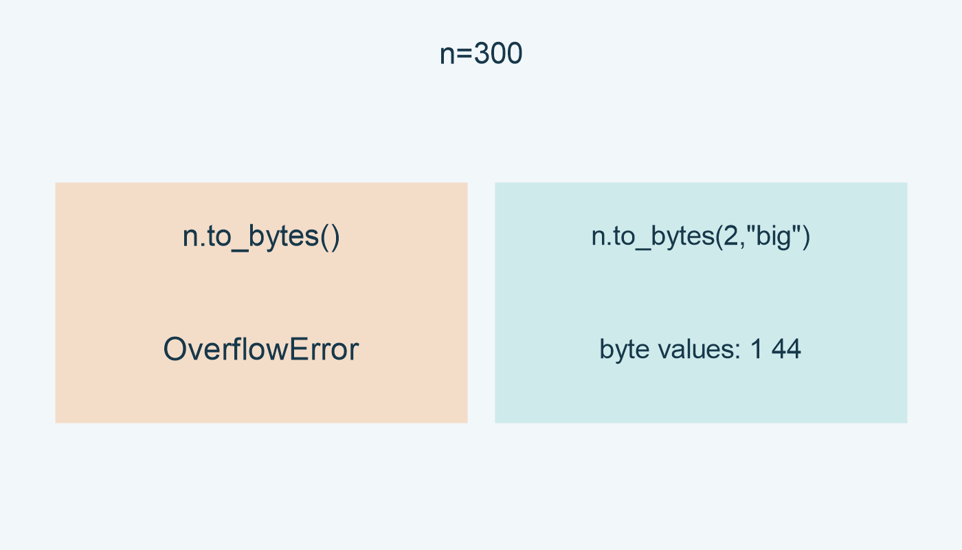 العدد 300 يثير OverflowError بالطول الافتراضي؛ بايتان يكفيان.