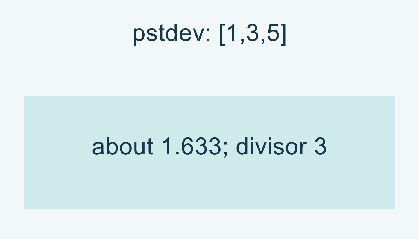 pstdev: القيم 1،3،5 تعطي نحو 1.633.