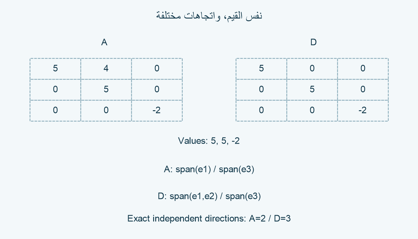 المثال A والتحكم D وأبعاد الفضاءين الذاتيين.