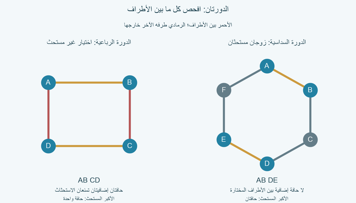 الدورة C4 كاملة مع AB CD ذهبيتين وAD BC إضافيتين حمراوين، فالاختيار غير مستحث. الدورة C6 كاملة مع AB DE ذهبيتين مستحثتين؛ C F خارج الأطراف، والحواف الرمادية طرفها الآخر خارج المجموعة.