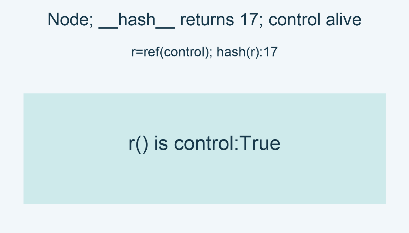 Node; __hash__ returns 17; control alive; r=ref(control); hash(r):17; r() is control:True