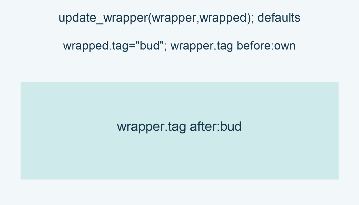 update_wrapper(wrapper,wrapped); defaults; wrapped.tag="bud"; wrapper.tag before:own; wrapper.tag after:bud