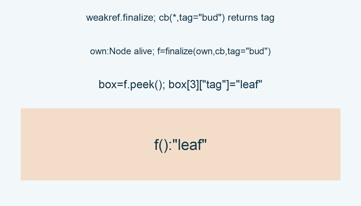 weakref.finalize; cb(*,tag="bud") returns tag; own:Node alive; f=finalize(own,cb,tag="bud"); box=f.peek(); box[3]["tag"]="leaf"; f():"leaf"