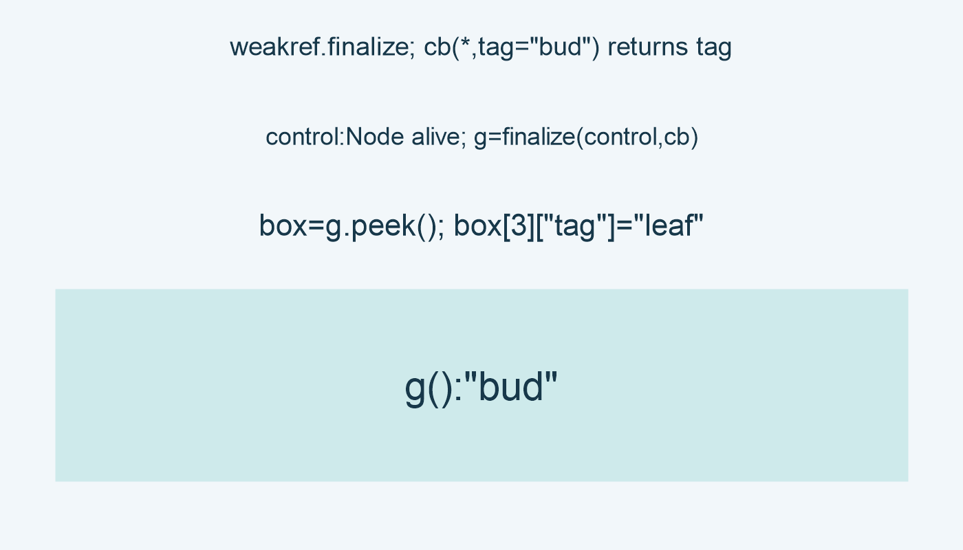 weakref.finalize; cb(*,tag="bud") returns tag; control:Node alive; g=finalize(control,cb); box=g.peek(); box[3]["tag"]="leaf"; g():"bud"