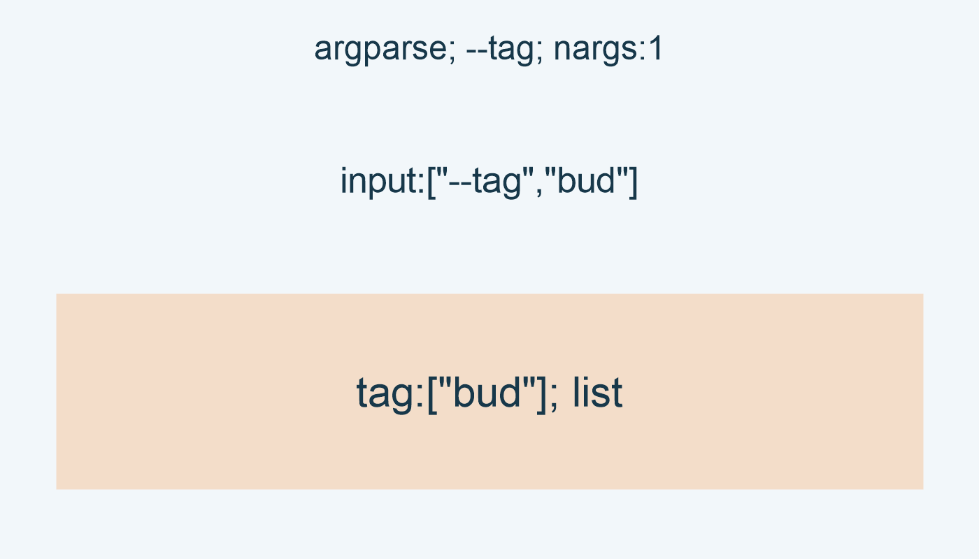 argparse; --tag; nargs:1; input:["--tag","bud"]; tag:["bud"]; list
