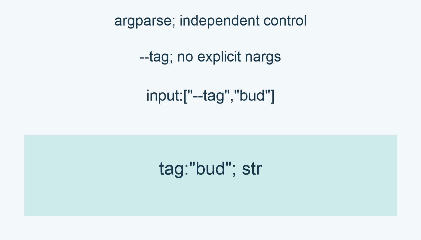 argparse; independent control; --tag; no explicit nargs; input:["--tag","bud"]; tag:"bud"; str