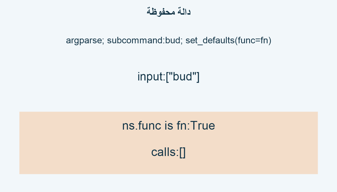 دالة محفوظة؛ argparse; subcommand:bud; set_defaults(func=fn); input:["bud"]; ns.func is fn:True; calls:[]