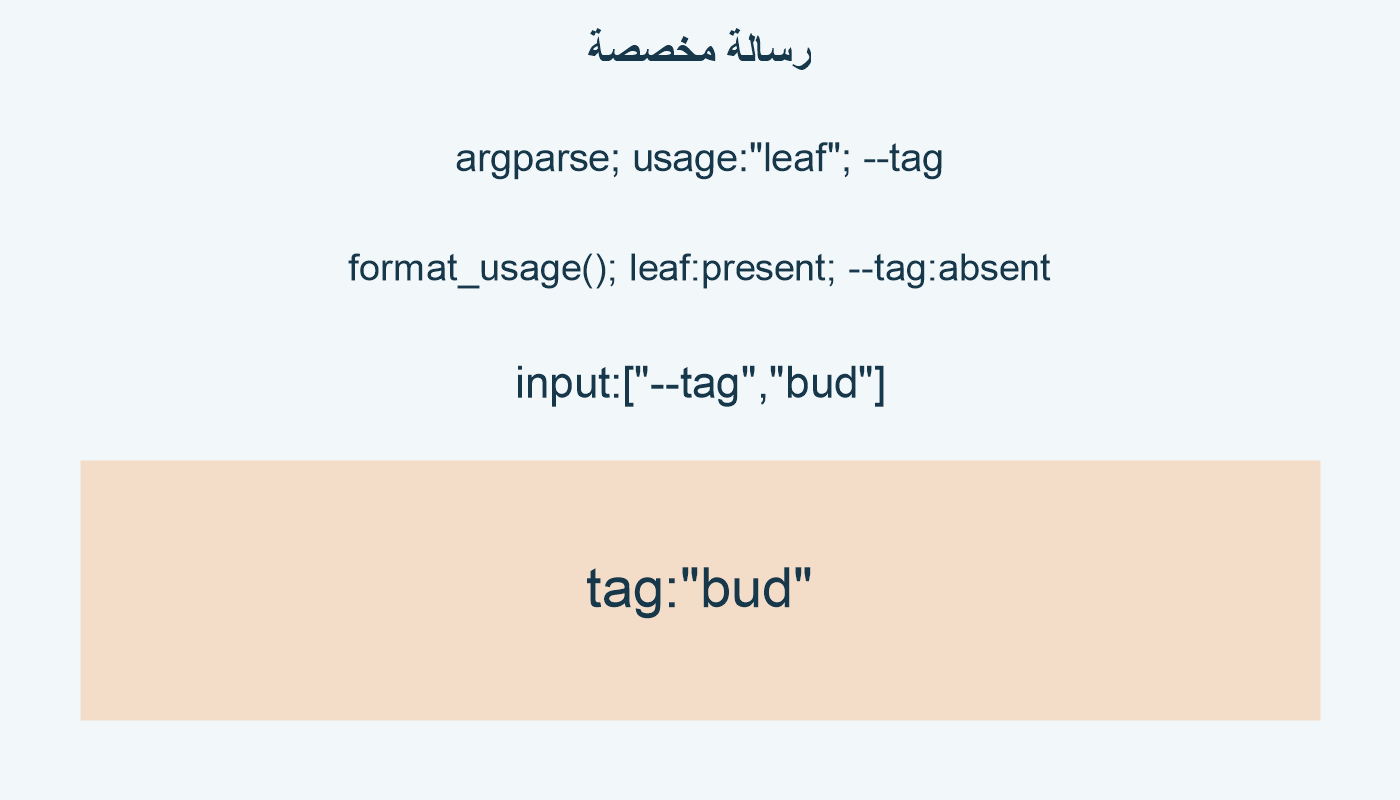رسالة مخصصة؛ argparse; usage:"leaf"; --tag; format_usage(); leaf:present; --tag:absent; input:["--tag","bud"]; tag:"bud"