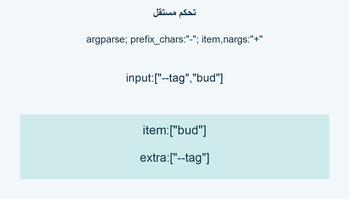 تحكم مستقل؛ argparse; prefix_chars:"-"; item,nargs:"+"; input:["--tag","bud"]; item:["bud"]; extra:["--tag"]