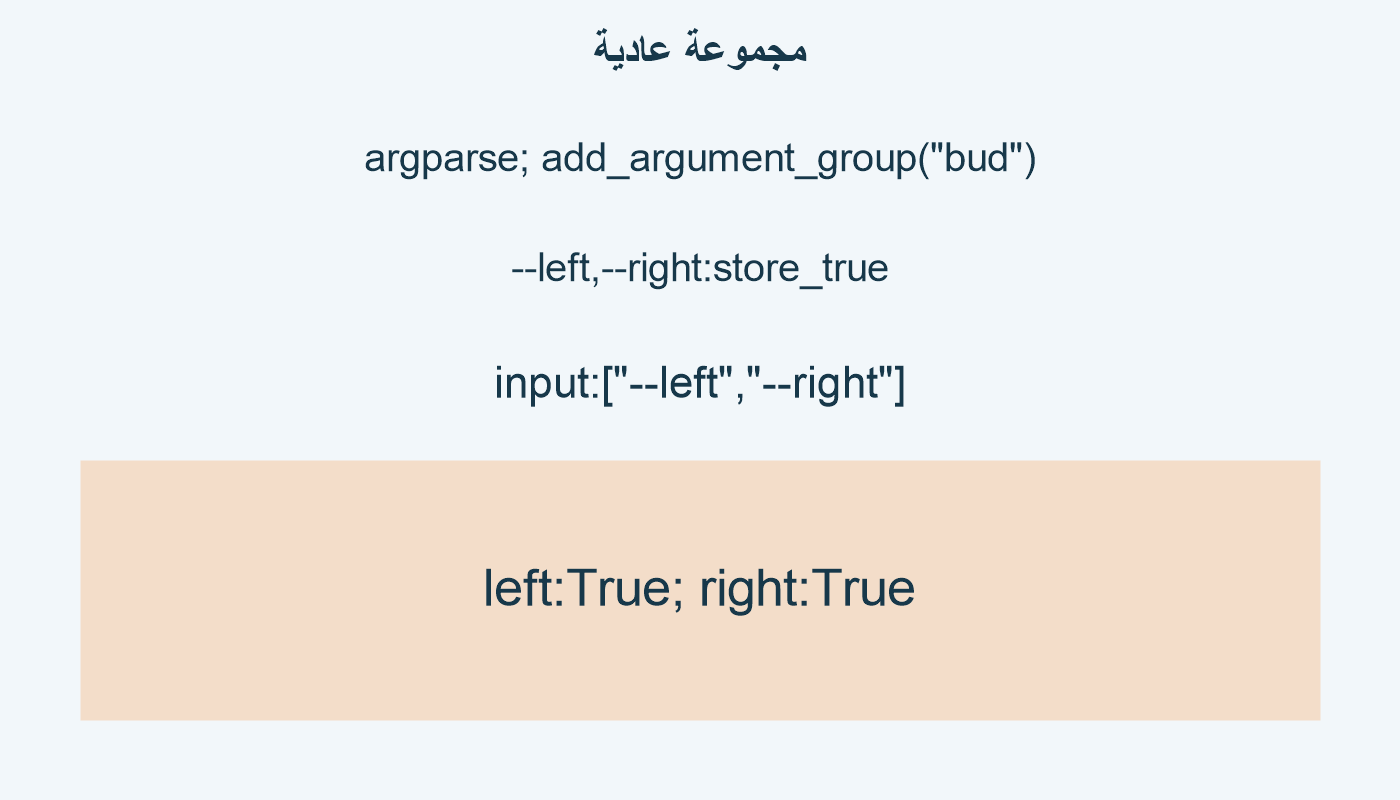مجموعة عادية؛ argparse; add_argument_group("bud"); --left,--right:store_true; input:["--left","--right"]; left:True; right:True