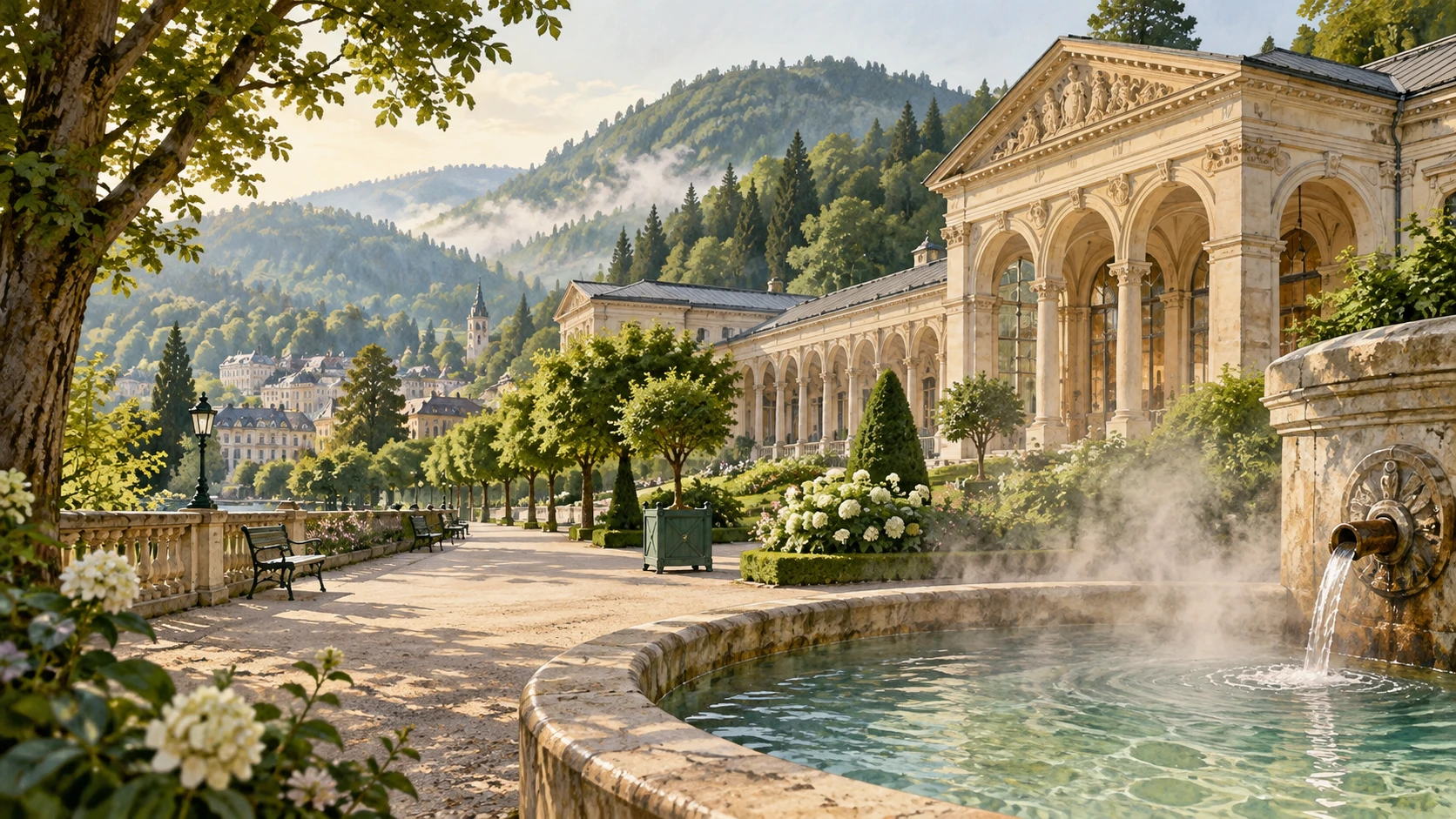 رسم تصوري لحمام وحديقة وتلال مشجرة
