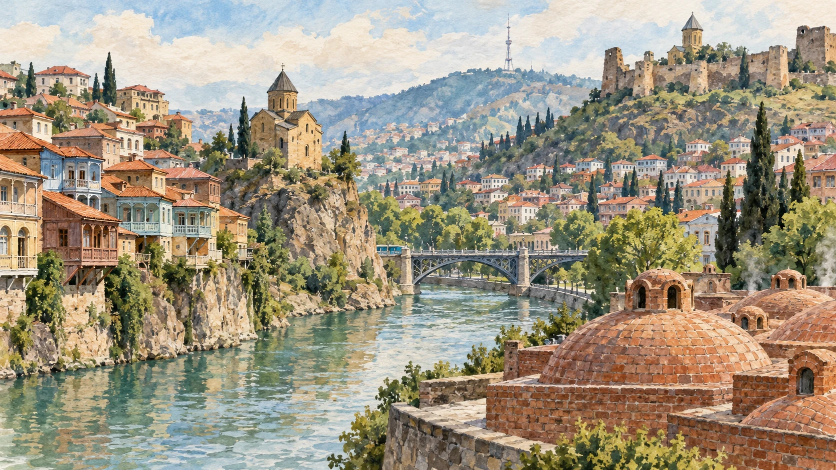 رسم فني لنهر وقباب حمامات وكنيسة وقلعة مستوحى من تبليسي