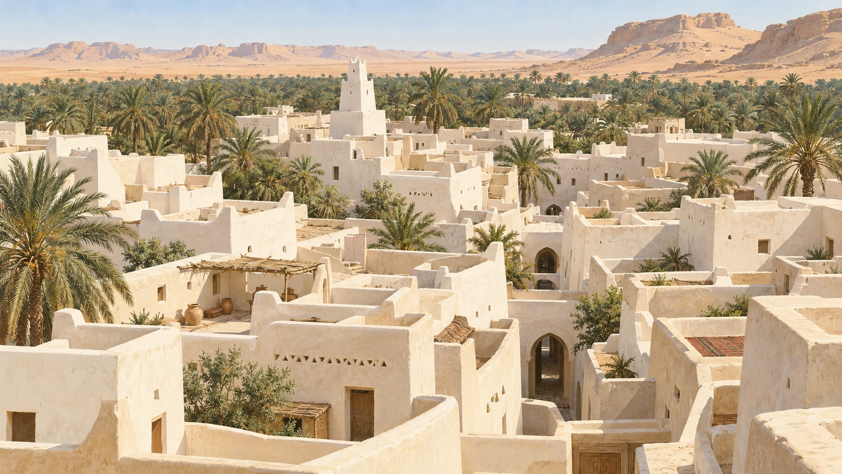 رسم فني لبيوت متقاربة ونخيل، مستوحى من غدامس