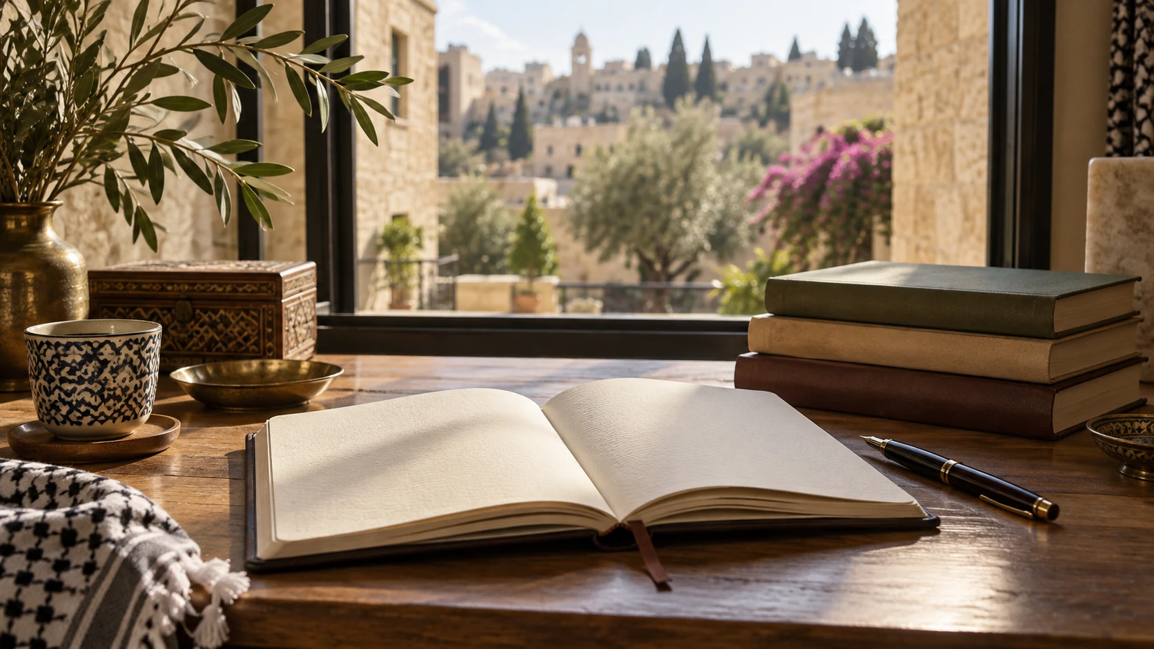 كتب ودفتر في مشهد تصوري للقراءة والكتابة