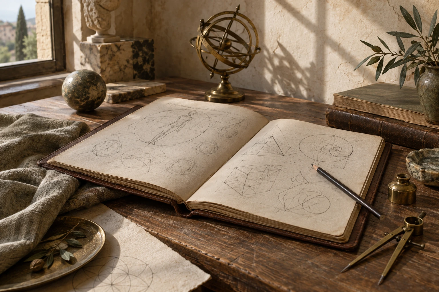 مشهد تصوري لدفتر رسوم هندسية وأداة رسم على مكتب