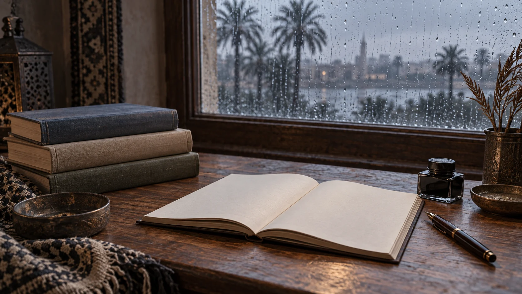 مشهد تصوري لمقال بدر شاكر السياب: دفتر وكتب قرب نافذة ممطرة ونخيل في مشهد تصوري