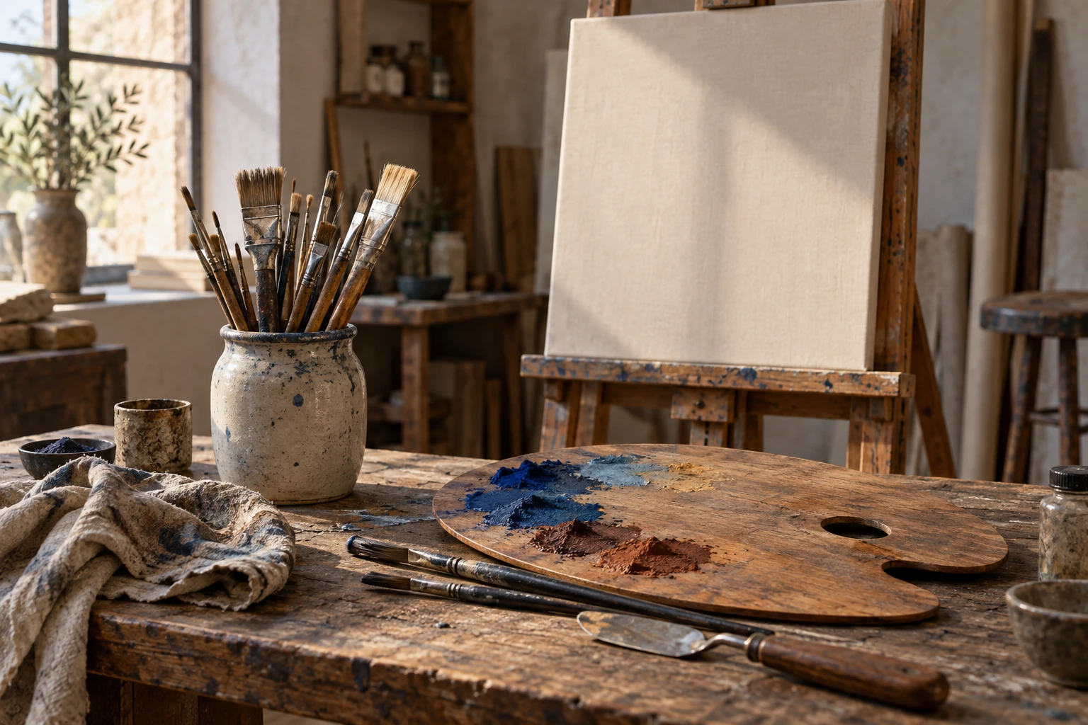 مشهد تصوري لأدوات رسم ولوحة قماش فارغة