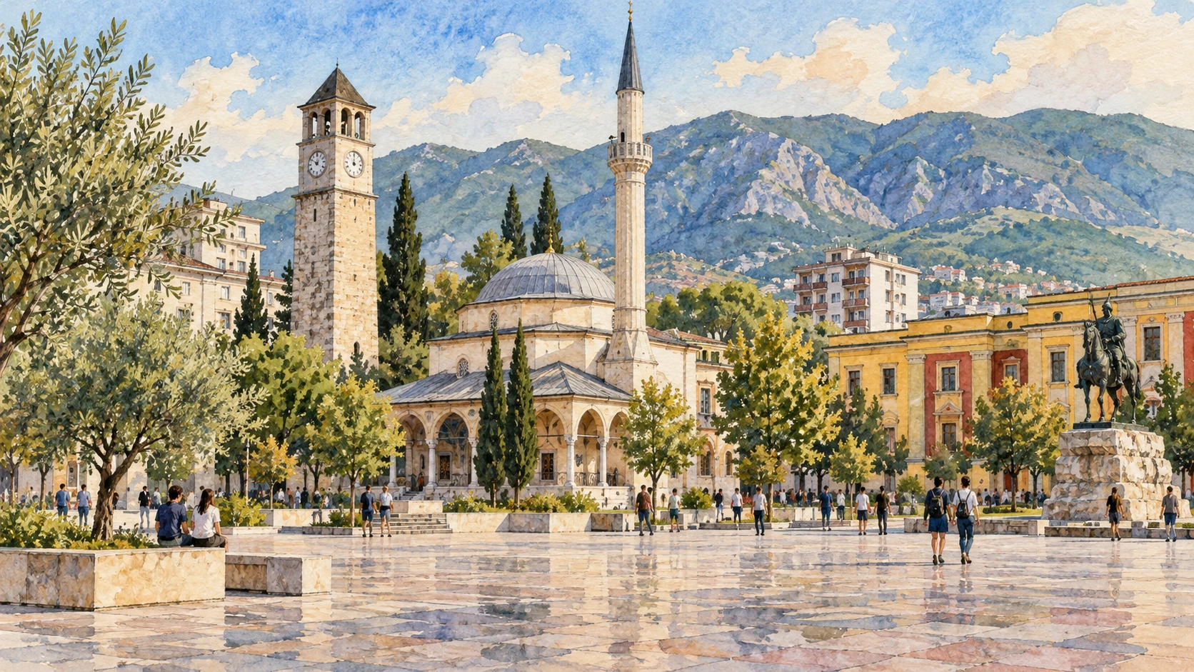 رسم فني لساحة ومسجد وبرج ساعة مستوحى من تيرانا