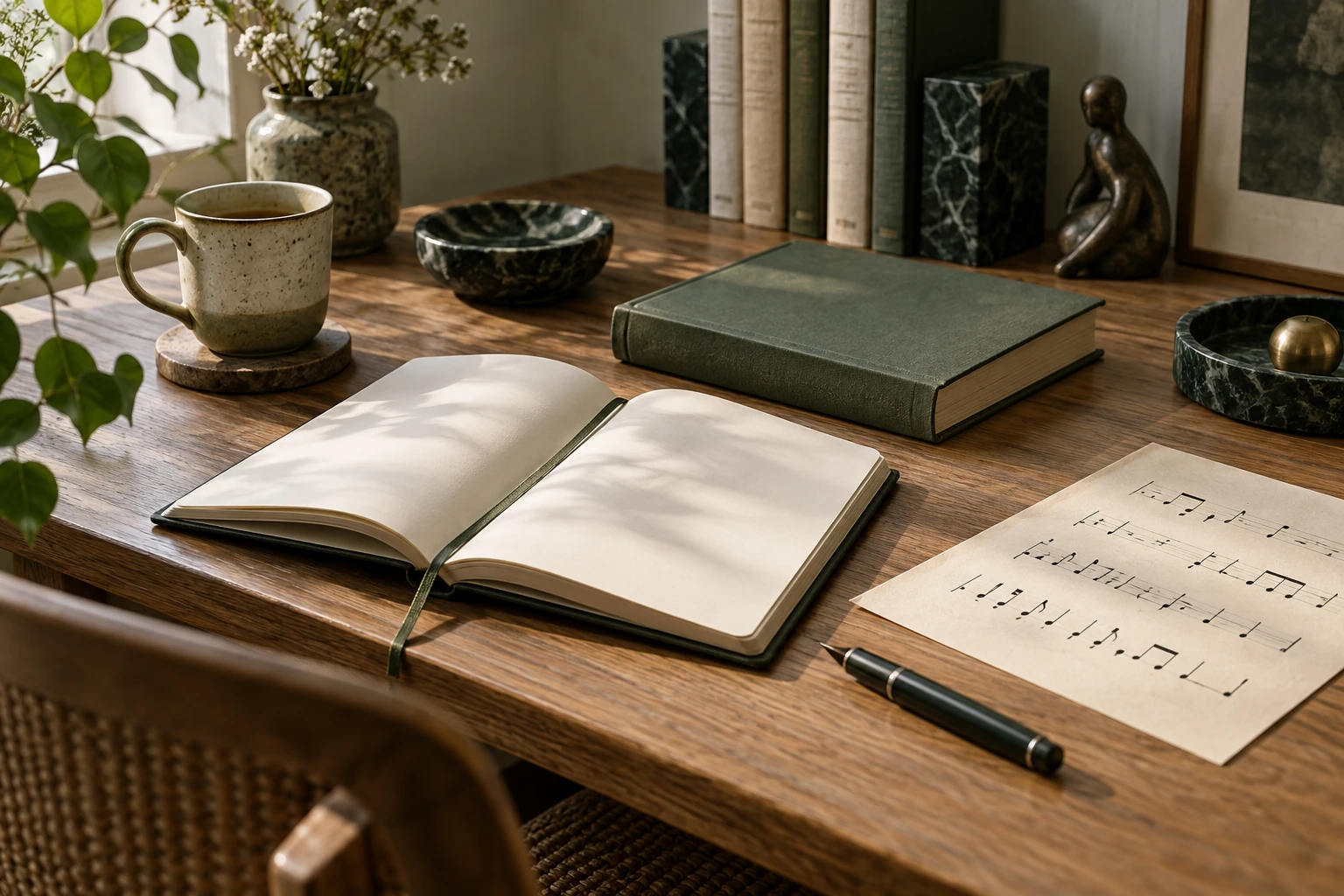 تصور رمزي لكتب أدبية وأوراق ودفتر موسيقي في مساحة قراءة.