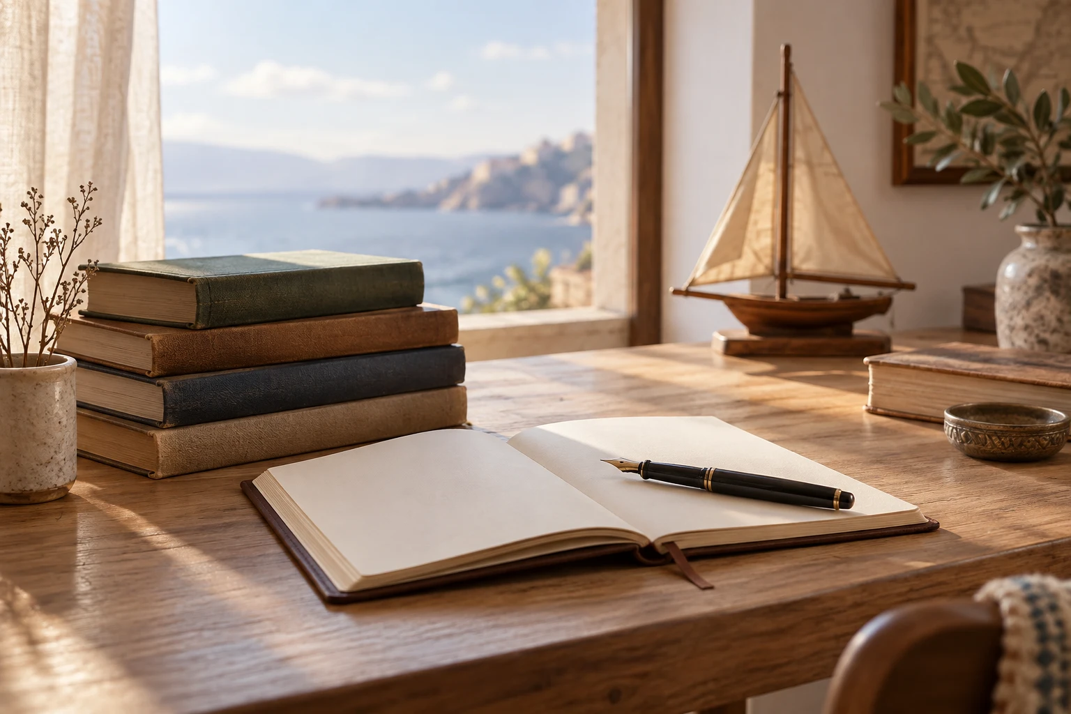 تصور لدفتر كتابة وكتب بجوار نموذج مركب صغير.