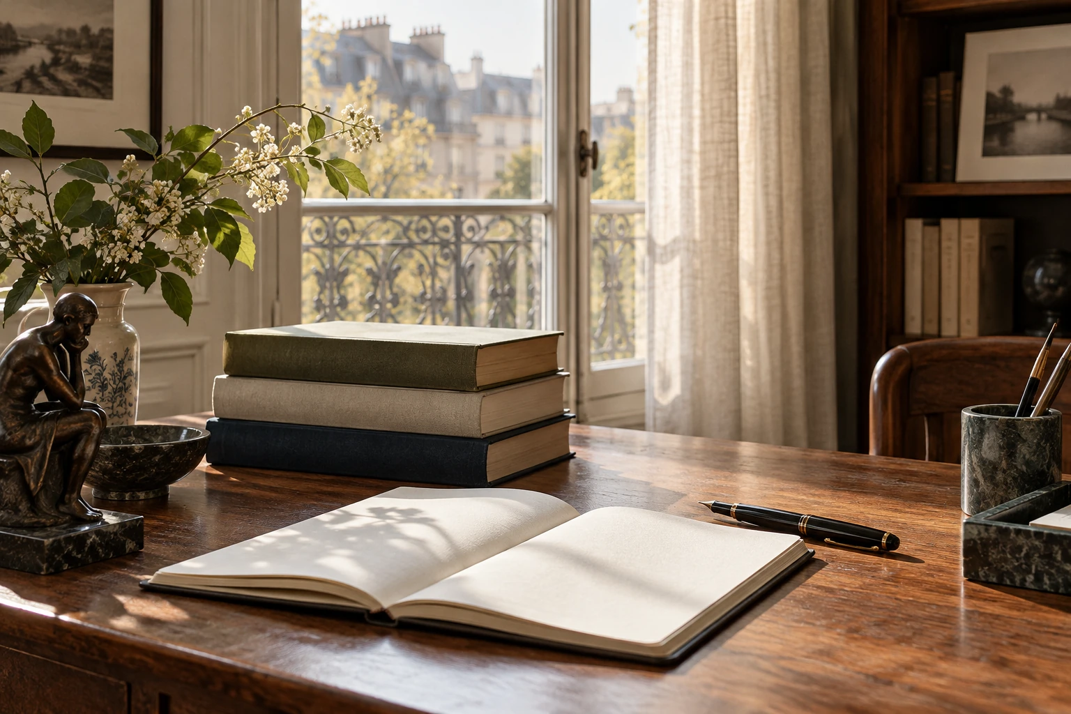 دفتر مفتوح وكتب وقلم أمام نافذة في مشهد كتابة تصوري