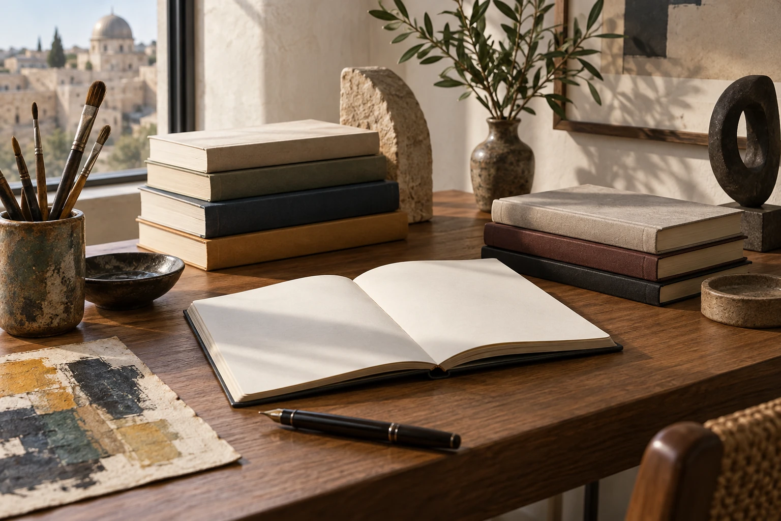دفتر وكتب وأدوات رسم في مشهد تصوري