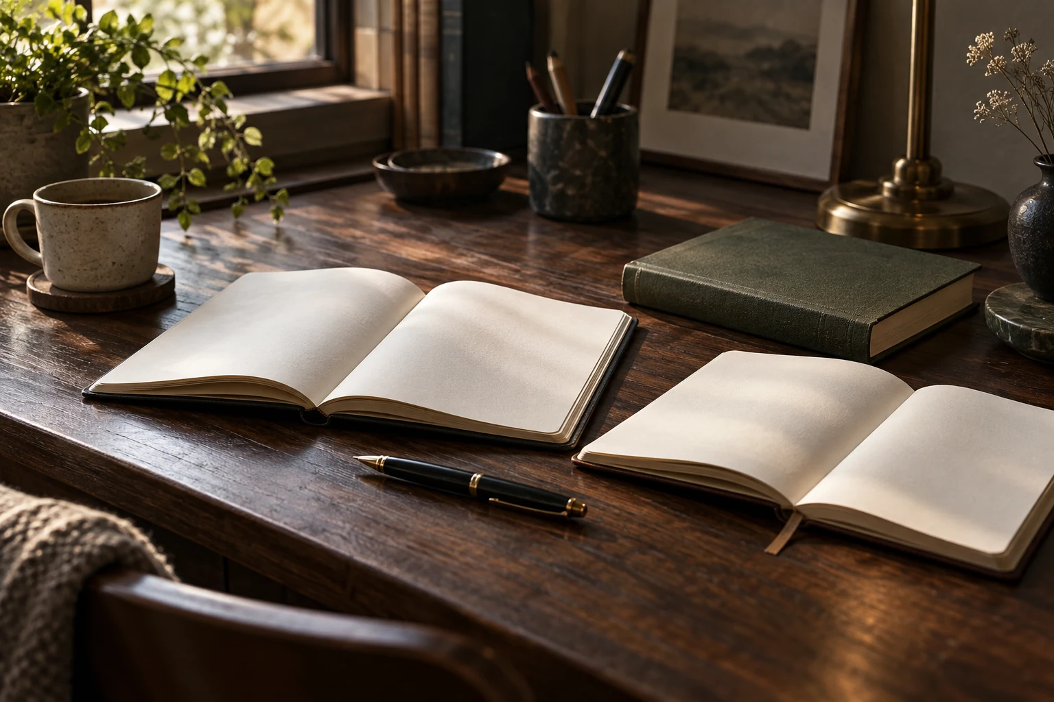 كتب وأدوات كتابة في مشهد توضيحي