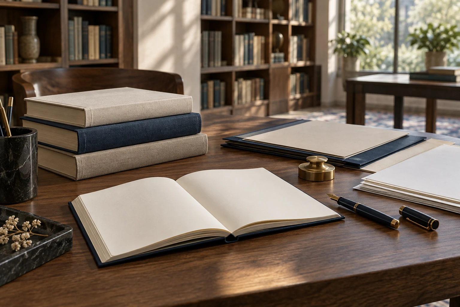 كتب ودفتر وقلم وحافظات أوراق في مشهد بحث أدبي تصوري