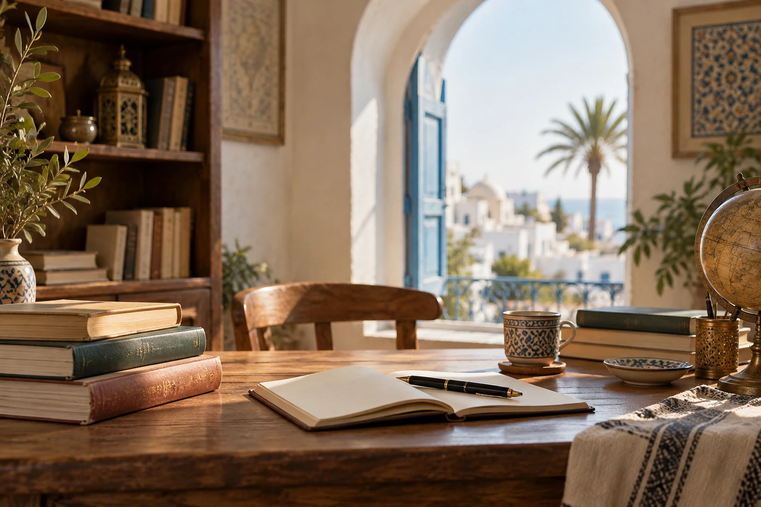 تصور لكتب ودفتر دراسة وضوء نافذة في مساحة ثقافية.