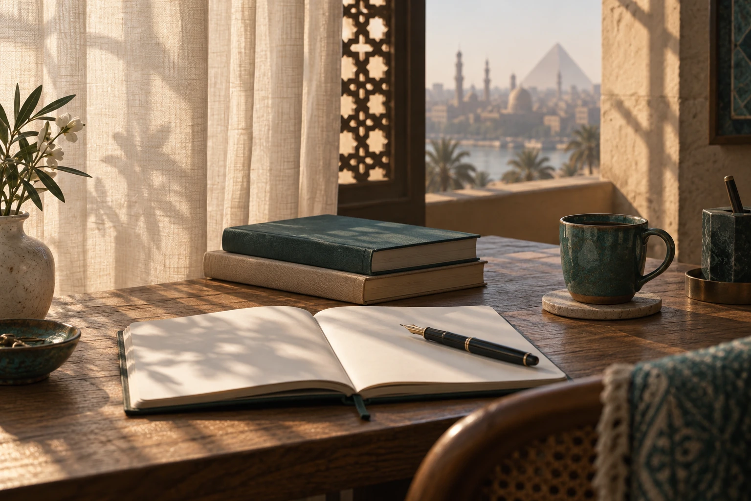مشهد تصوري لدفتر وكتب وقلم في زاوية كتابة