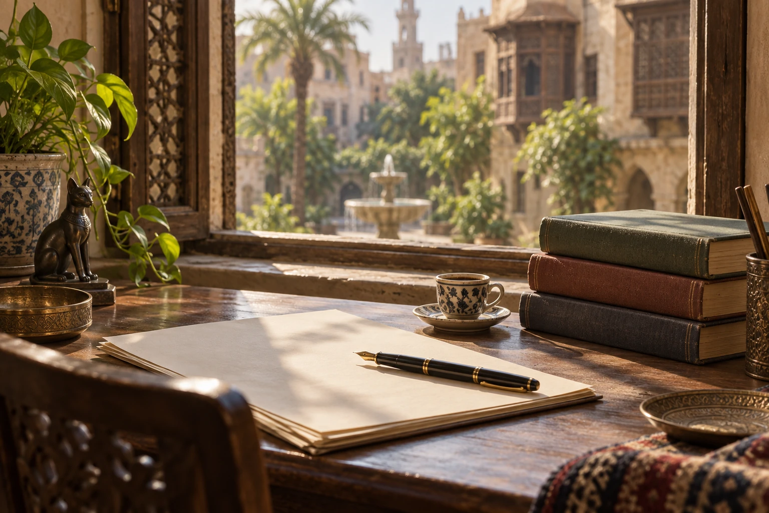 مشهد تصوري لمكتب كاتب ونافذة تطل على فناء قديم