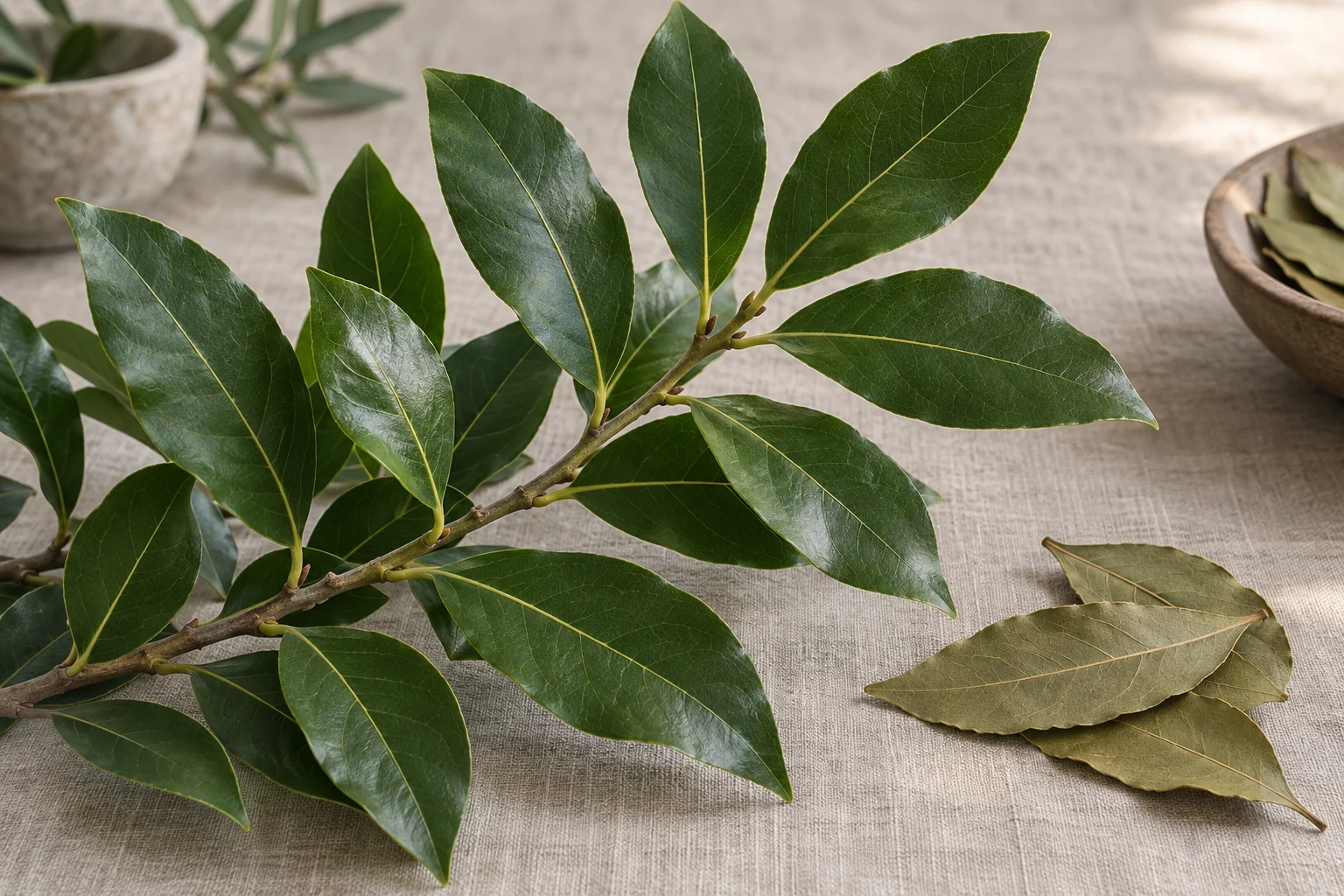 أوراق غار بيضية جلدية على فرع نبات Laurus nobilis.