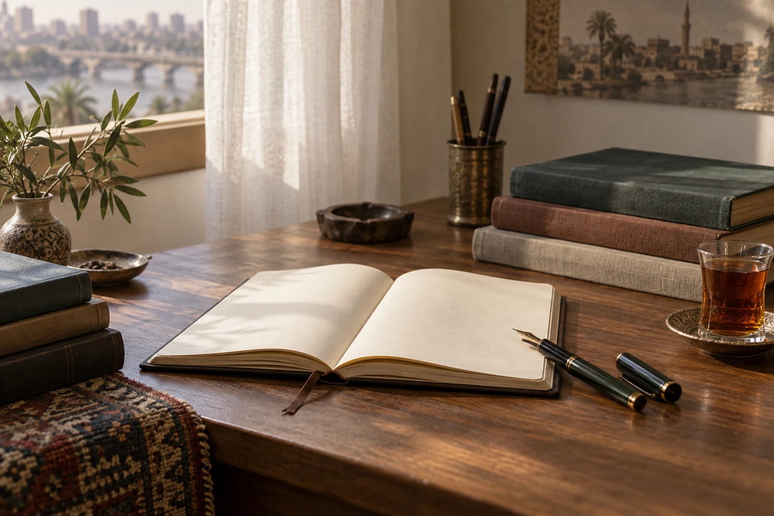 مشهد تصوري لدفتر كتابة وكتب غير معنونة وقلم